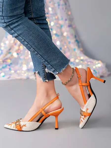 Design Woven Pointed-Toe Slingback Heels with Orange Embroidery and Gold Buckle - 4