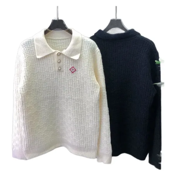 Design Woven Texture Polo Sweater in Cream and Black - 5
