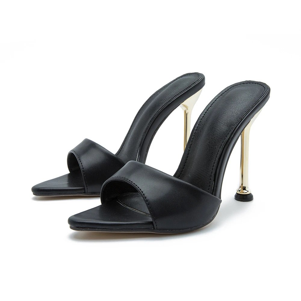Design Black Square-Toe Mule Heels with Gold Stiletto Heel