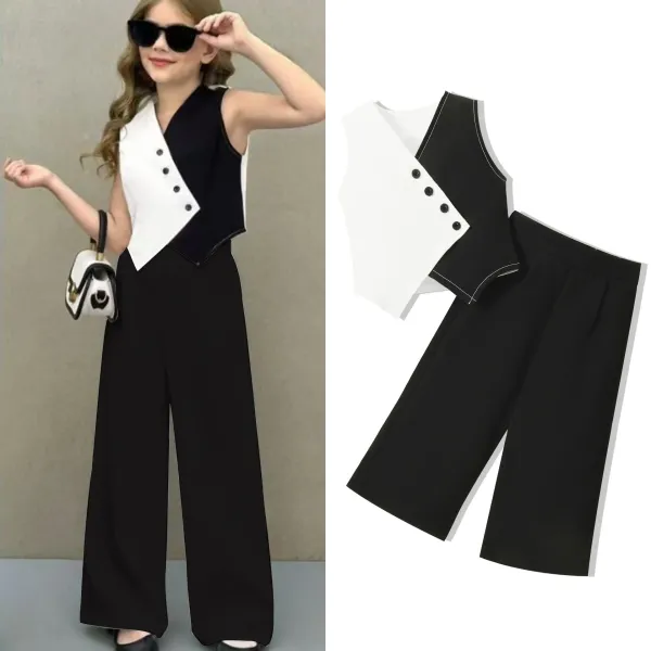 Design Two-Tone Button-Trim Top and Wide-Leg Pants Set White / Black - 2