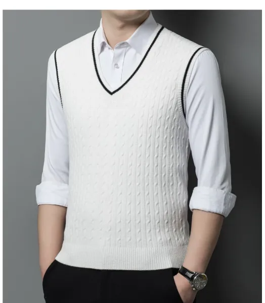 Design Cable Knit V-Neck Vest Green Vest Top - 10