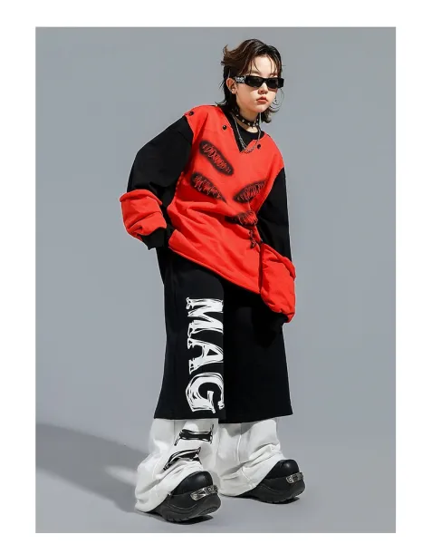 Design Distressed Mouth Print Color-Block Hoodie Red / Black - 13