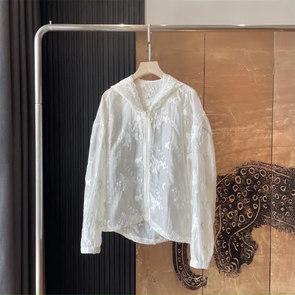 Design Lace-Embroidered Hooded Zip-Up Blouse White Tops Shirt - 2