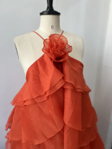 Design Ruffled Halter Neck Tiered Dress in Coral Pink Dress - 5