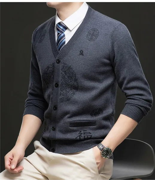 Design Embroidered Chinese Character Cardigan Burgundy Sweater Outerwear.cardigan - 19
