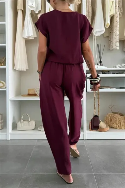 Design Wide-Leg Jogger Pants in Burgundy with Matching Top Set - 11