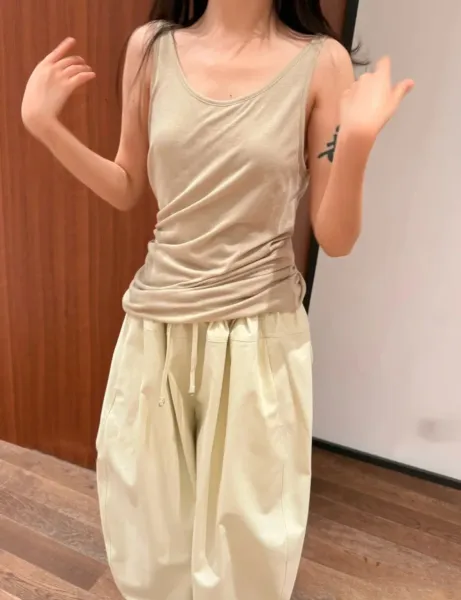 Design Basic Ruched Tank Top Beige + Wide-Leg White Pants Vest Top - 4