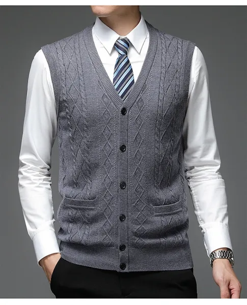 Design Cable Knit V-Neck Cardigan Vest Burgundy Outerwear - 14