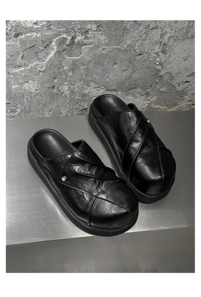 Design Chunky Leather Slide Black Slipper - 5