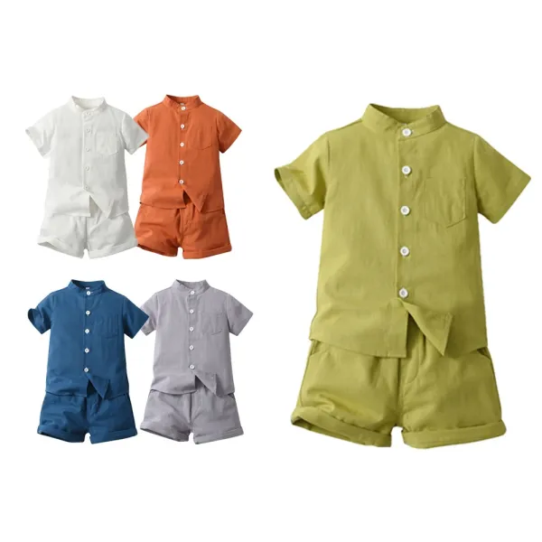 Design Mandarin Collar Short-Sleeve Shirt and Shorts Set Navy - 3