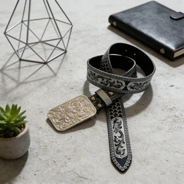 Design Ornate Silver-Embossed Black Leather Belt with Floral Filigree Buckle Belts - 5