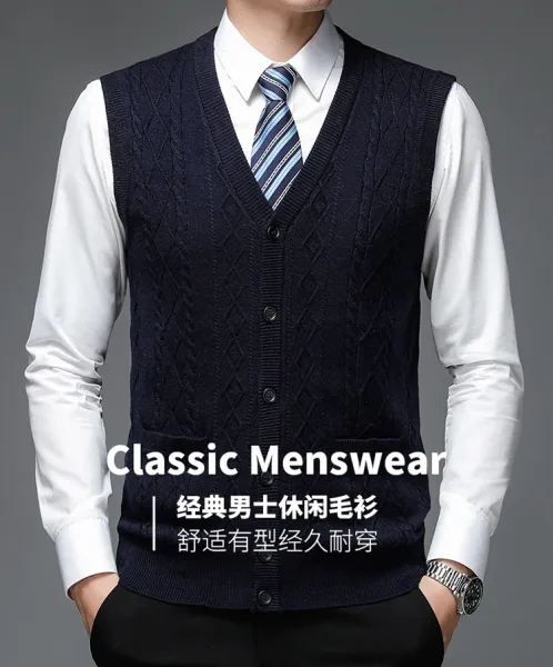 Design Cable Knit V-Neck Cardigan Vest Burgundy Outerwear - 4