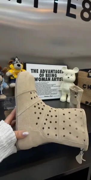 Design Perforated Suede Ankle Boots Beige Boots - 5