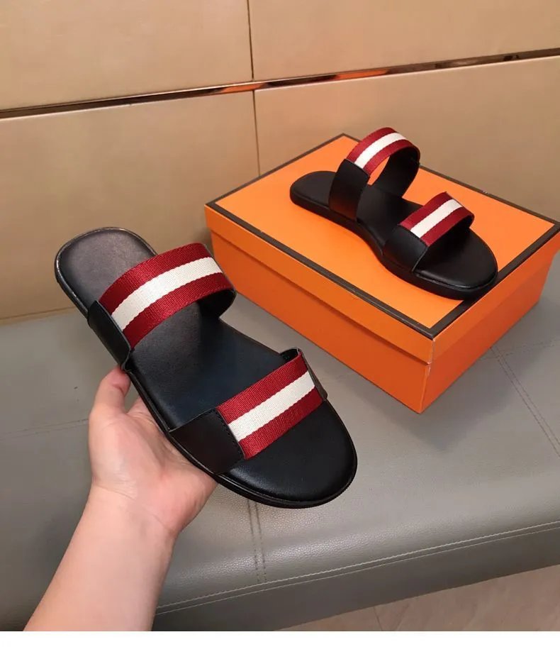 Design Bally Striped Webbing Slide Sandals Black Red White Slippers - 5