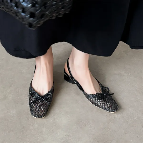Design Woven Slingback Loafers with Bow Detail in Beige, Brown, and Black Loafers - 27