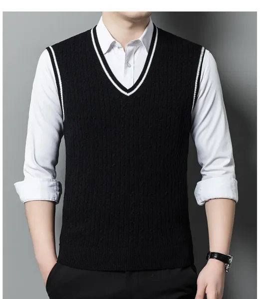 Design Cable Knit V-Neck Vest Green Vest Top - 11