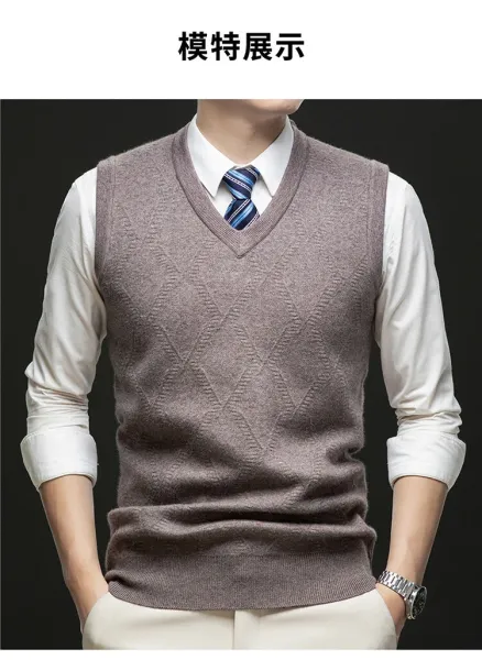 Design V-Neck Knit Vest Navy Blue Vest Top - 11