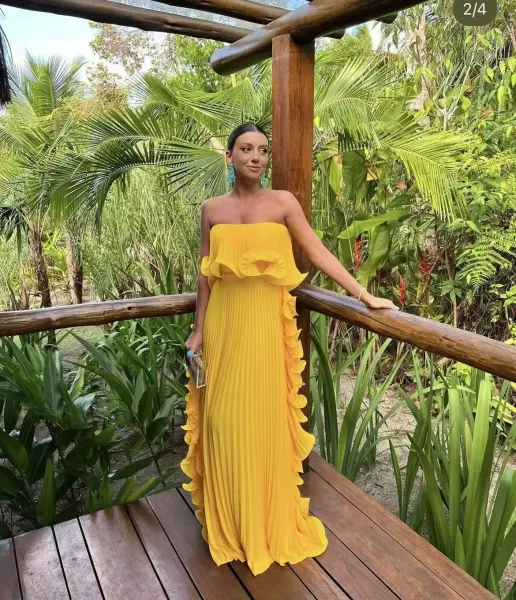 Design Yellow Pleated Ruffle Strapless Gown Dress - 14