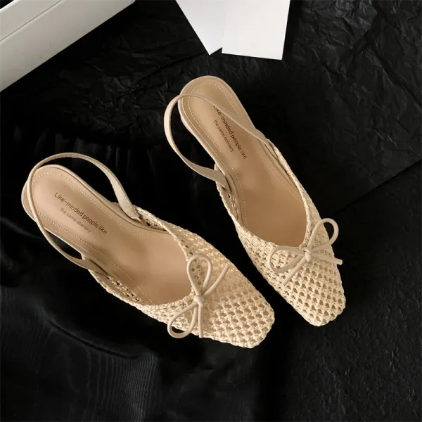 Design Woven Slingback Loafers with Bow Detail in Beige, Brown, and Black Loafers - 33
