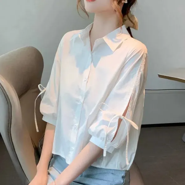 Design Bow-Sleeve Button-Up Shirt White Tops Shirt - 12
