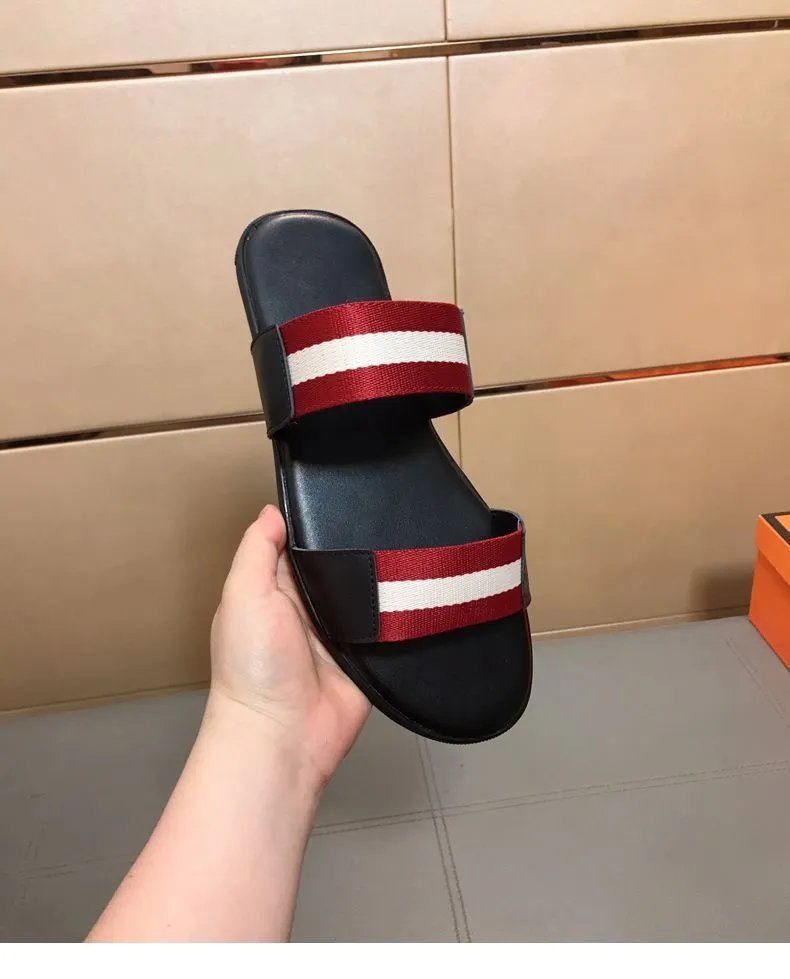 Design Bally Striped Webbing Slide Sandals Black Red White Slippers - 8