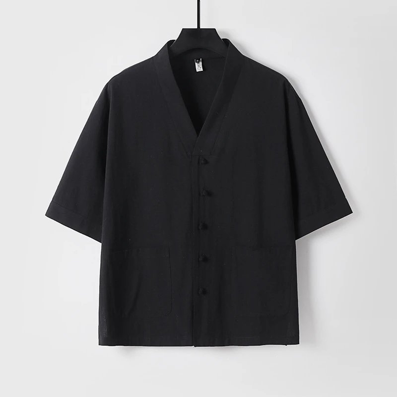 Design V-Neck Linen Button-Up Shirt Beige Tops.shirt - 6