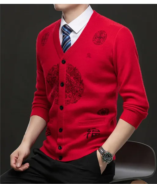 Design Embroidered Chinese Character Cardigan Burgundy Sweater Outerwear.cardigan - 17