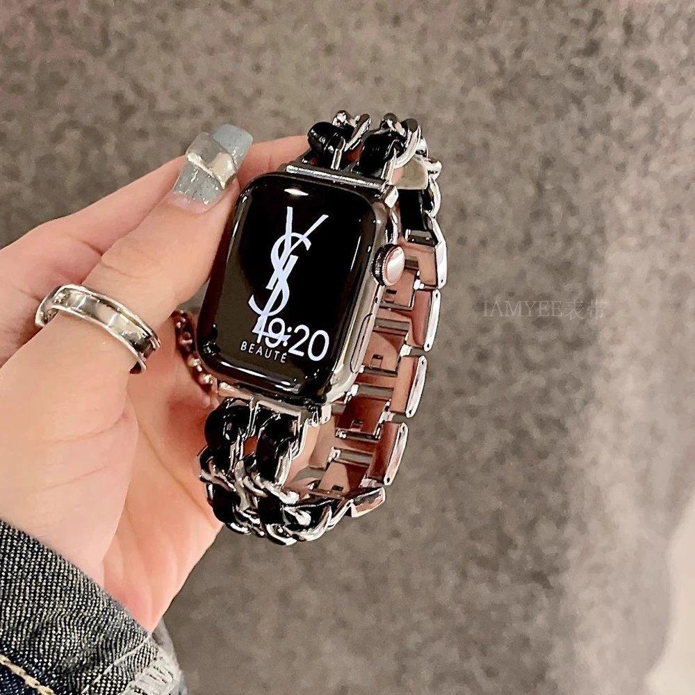 Saint Laurent Apple Watch Black Silver Chain Link Band