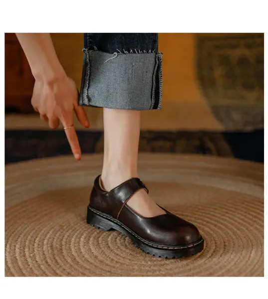 Design Mary Jane Shoes Brown Leather with Buckle Strap - 11