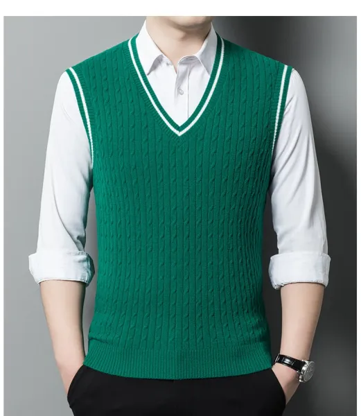 Design Cable Knit V-Neck Vest Green Vest Top - 15
