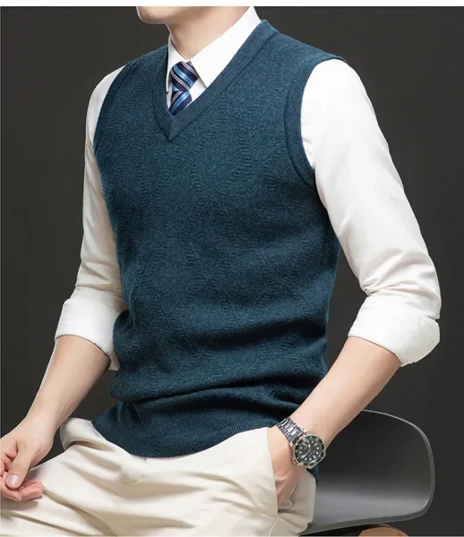 Design V-Neck Knit Vest Navy Blue Vest Top - 16