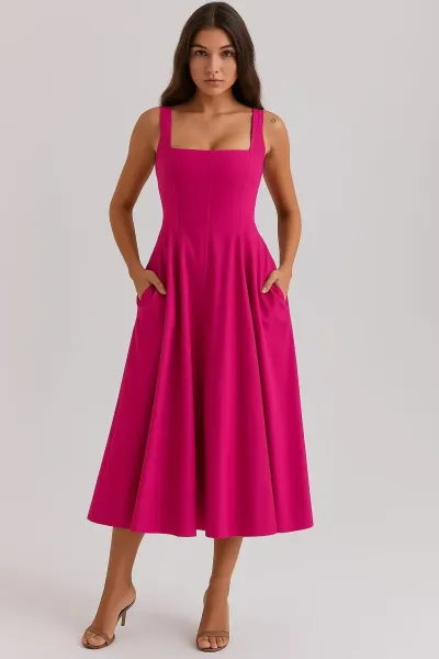 Design Floral Corset Midi Dress Beige Pink - 42