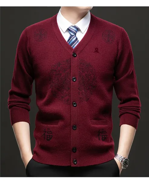 Design Embroidered Chinese Character Cardigan Burgundy Sweater Outerwear.cardigan - 20