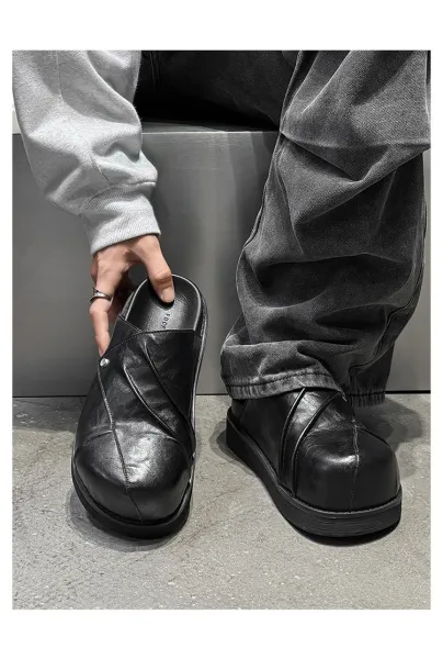 Design Chunky Leather Slide Black Slipper - 12