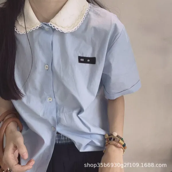 Design Peter Pan Collar Shirt in Light Blue with Lace Trim - 6