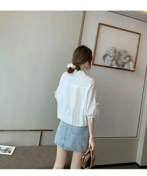 Design Bow-Sleeve Button-Up Shirt White Tops Shirt - 17
