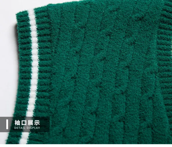 Design Cable Knit V-Neck Vest Green Vest Top - 19