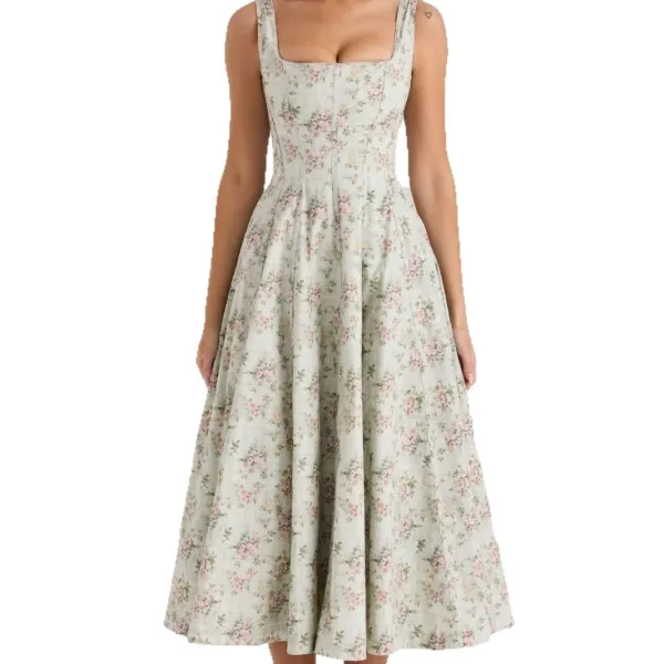 Design Floral Corset Midi Dress Beige Pink - 5
