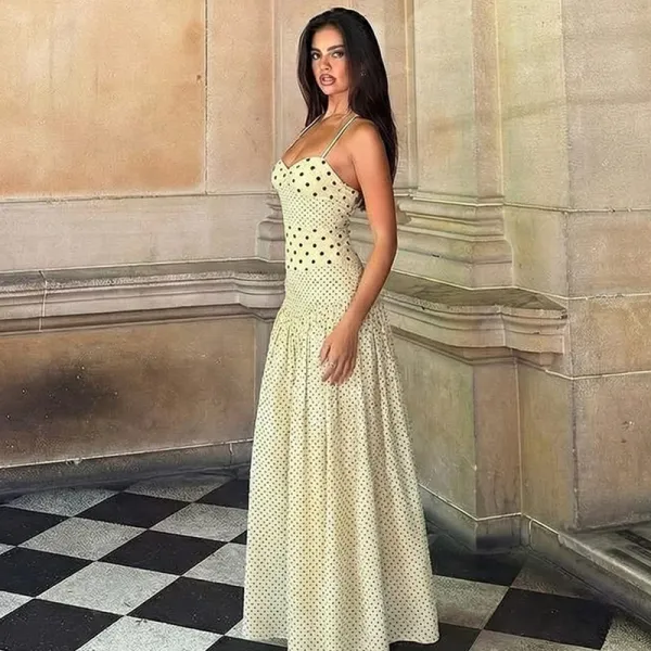 Design Polka Dot Wrap Maxi Dress Beige - 15