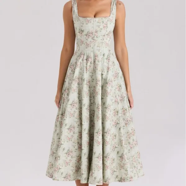 Design Floral Corset Midi Dress Beige Pink - 6
