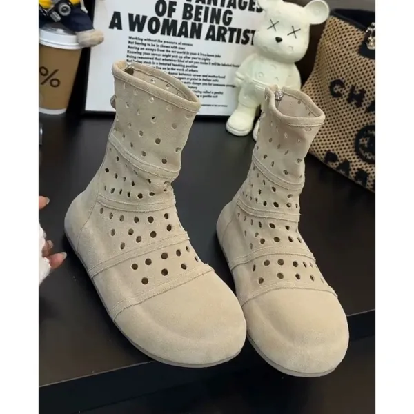 Design Perforated Suede Ankle Boots Beige Boots - 9