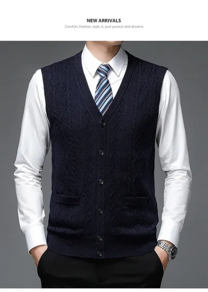 Design Cable Knit V-Neck Cardigan Vest Burgundy Outerwear - 20