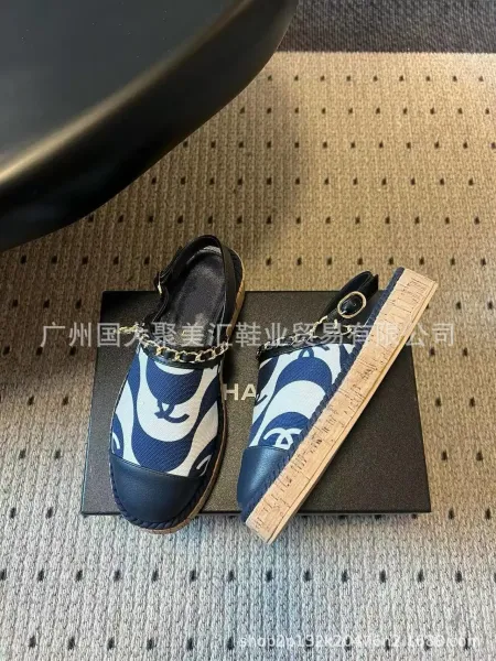 Chanel Mary Jane Espadrilles Navy and White Print Canvas Shoes Casual Shoes - 16