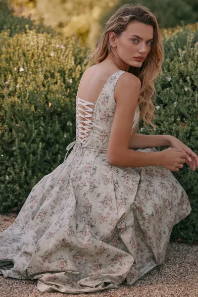 Design Floral Corset Midi Dress Beige Pink - 14