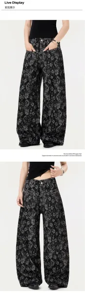 Design Floral Print Wide-Leg Jeans Black - 9