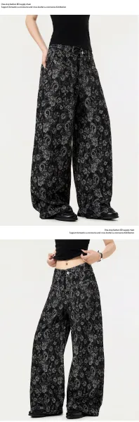 Design Floral Print Wide-Leg Jeans Black - 11