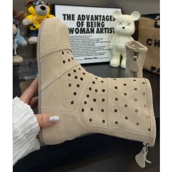 Design Perforated Suede Ankle Boots Beige Boots - 12