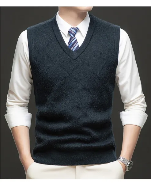Design V-Neck Knit Vest Navy Blue Vest Top - 17