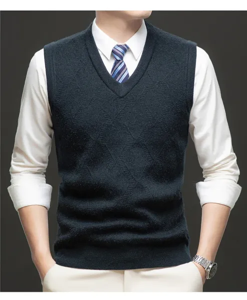 Design V-Neck Knit Vest Navy Blue Vest Top - 49
