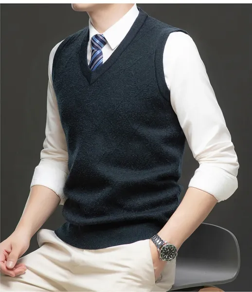 Design V-Neck Knit Vest Navy Blue Vest Top - 18